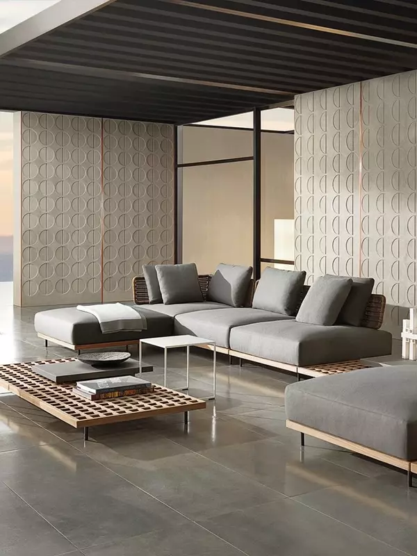Sofá ao ar livre personalizado para pátio, Villa, combinação de mesa de chá, terraço ao ar livre, cadeira de vime, mobília do lazer