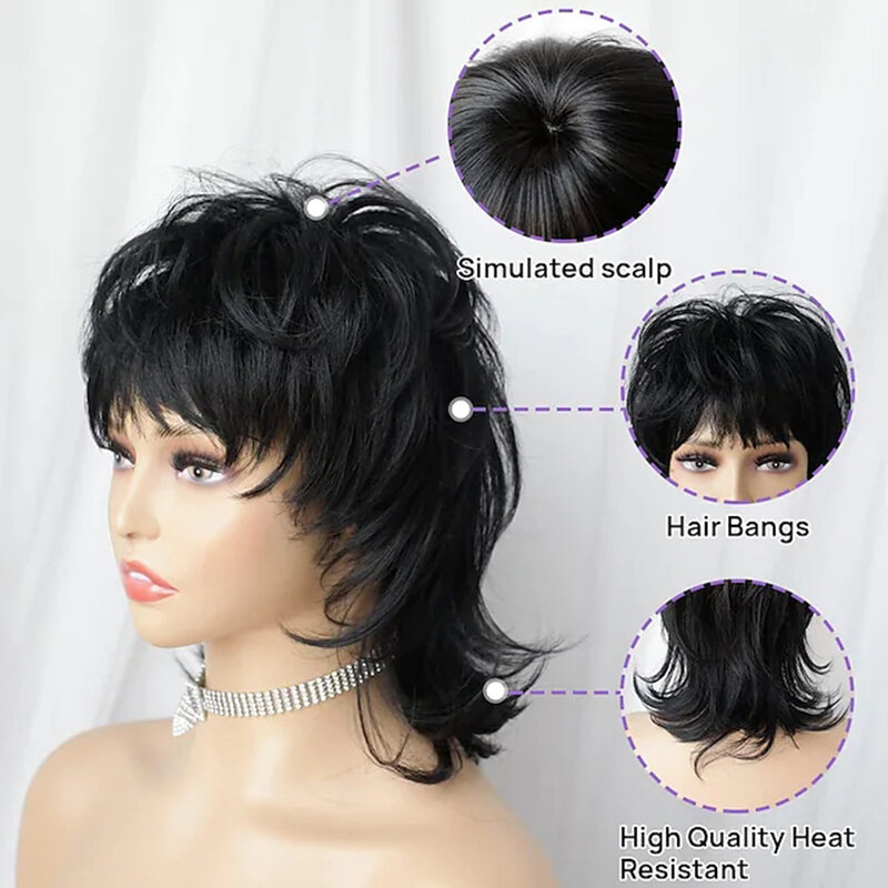 Synthetic Hair Natural  Pixie Cut Wigs for Women Short Black Curly Wig Straight Shaggy Layered 80's Mullet Wig with Bangs