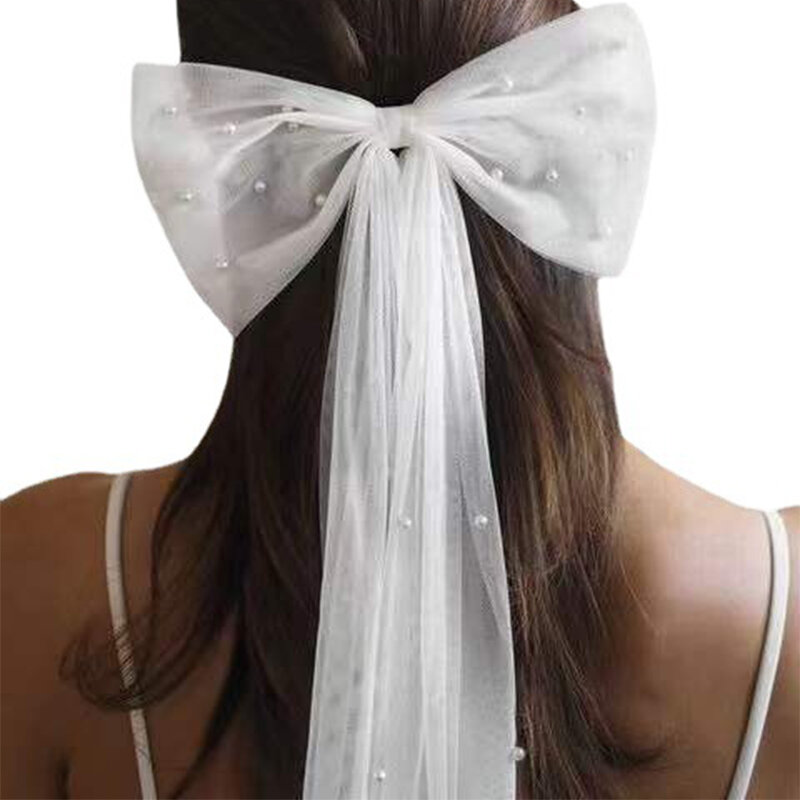 Épingles à cheveux en voile blanc avec perle pour femme, pinces à cheveux nœud papillon en maille de tulle pour mariée, accessoires de séance photo pour fille, mariage, patients