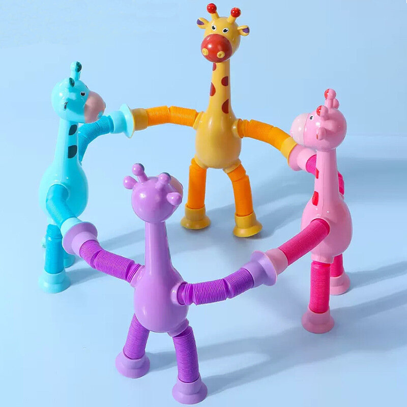 Juguetes sensoriales de fuelle para aliviar el estrés, jirafa telescópica, juguete antiestrés para apretar, tubos Pop, juguetes de jirafa con ventosa para niños