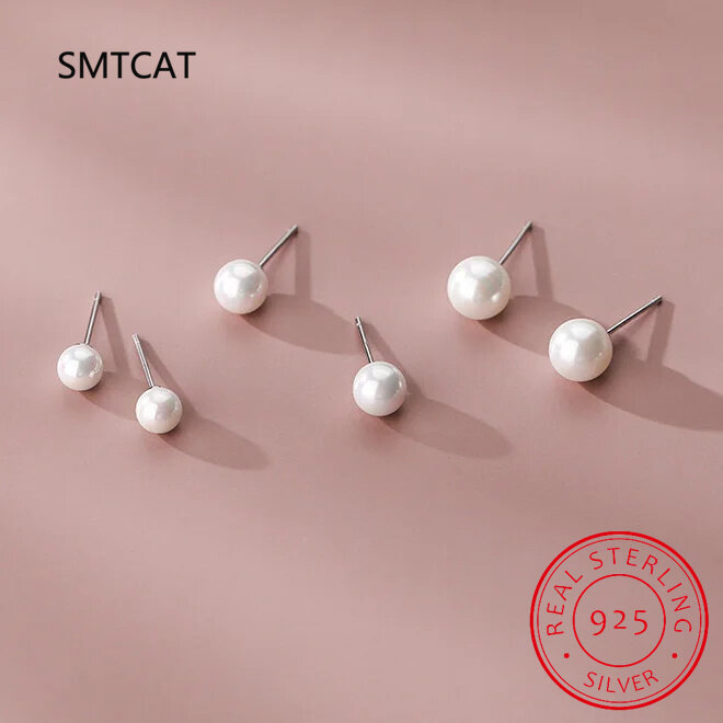 Anting-anting kancing mutiara bulat perak murni 925 asli untuk wanita perhiasan indah klasik aksesoris geometris minimalis
