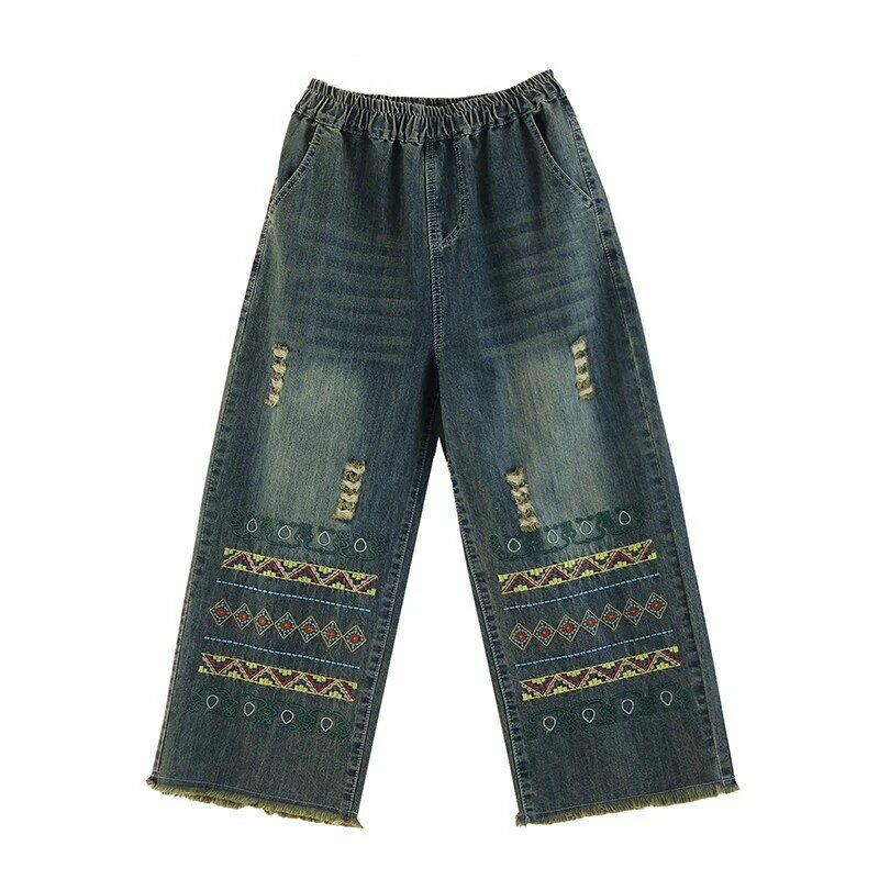 Aricaca Women High Waist Wide Leg Trousers M-2XL Embroidery Fashion Denim Harem Pants