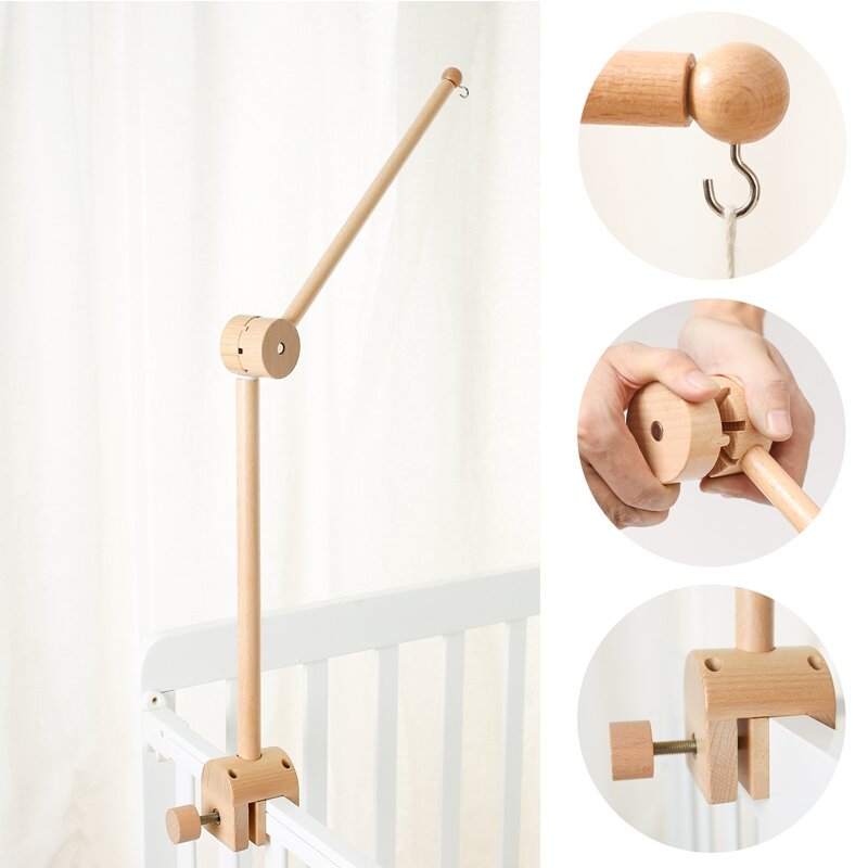Kerincingan bayi 0-12 bulan, mainan kerincing tempat tidur kayu ponsel baru lahir merenda, pemegang mainan gantung bayi
