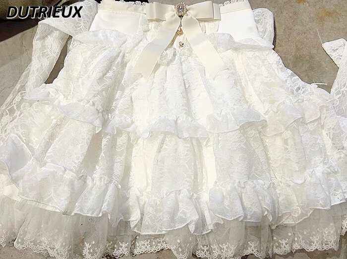 Japanese Style Mine Mass-Produced Girl Sweet Cute Short Skirt High Waist Puffy Lace Bow Ruffled A-line Mini Skirts for Women
