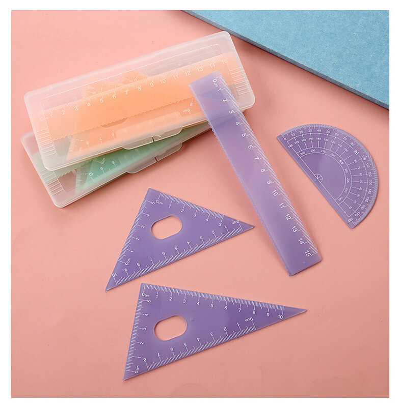 4Pcs/set Jelly Color Ruler Plastic Straight Protractor Triangle Ruler With Cute PP Box Office School Stationery Supplies