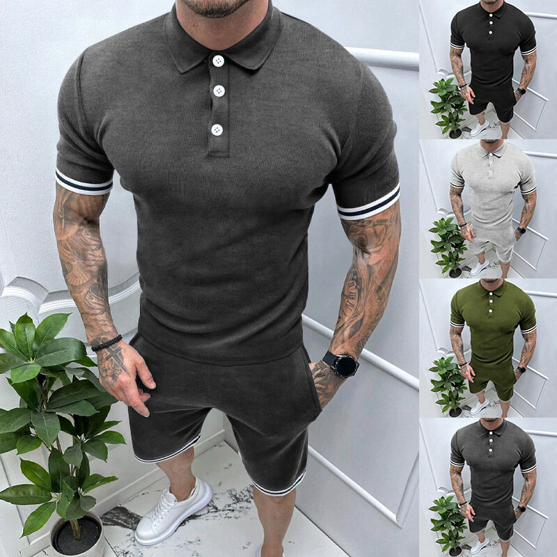 Summer New Polo-neck Casual Fashion Patchwork T-shirt Elastic Waist Drawstring Shorts Set Male Sporty Tee Loose Short Pants Suit