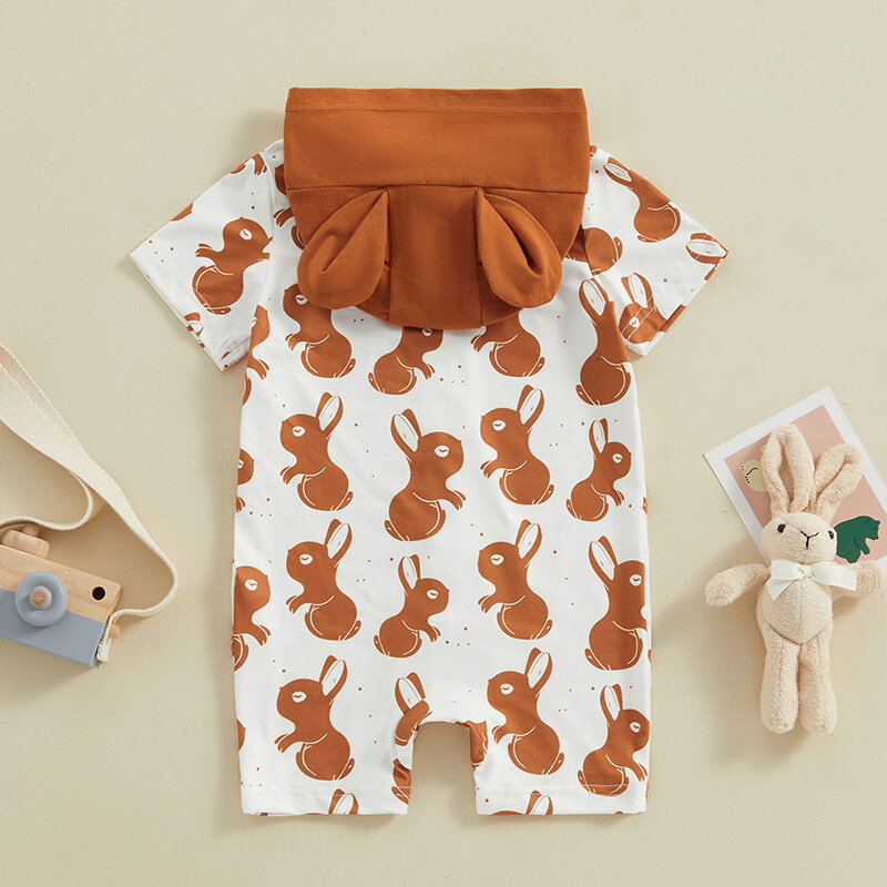 Atasan musim panas bayi laki-laki, Jumpsuit tudung Paskah bayi perempuan baju monyet lengan pendek gambar kelinci kancing bawah