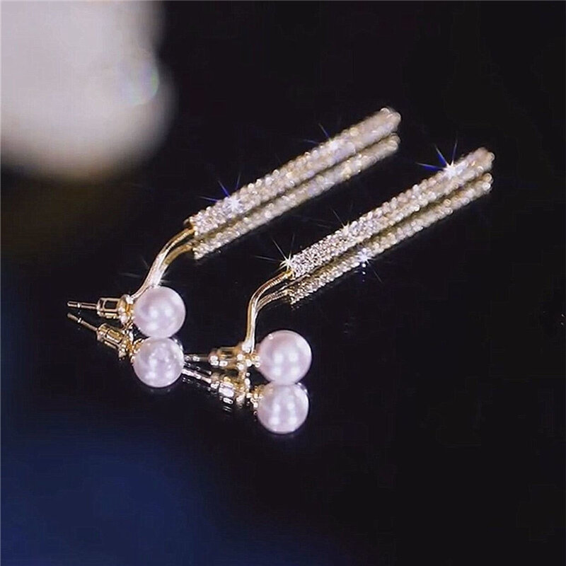 Pendientes colgantes de perlas con borla larga coreana para mujer, pendientes de gota de Color dorado con diamantes de imitación completos de lujo, regalo de joyería para fiesta de boda