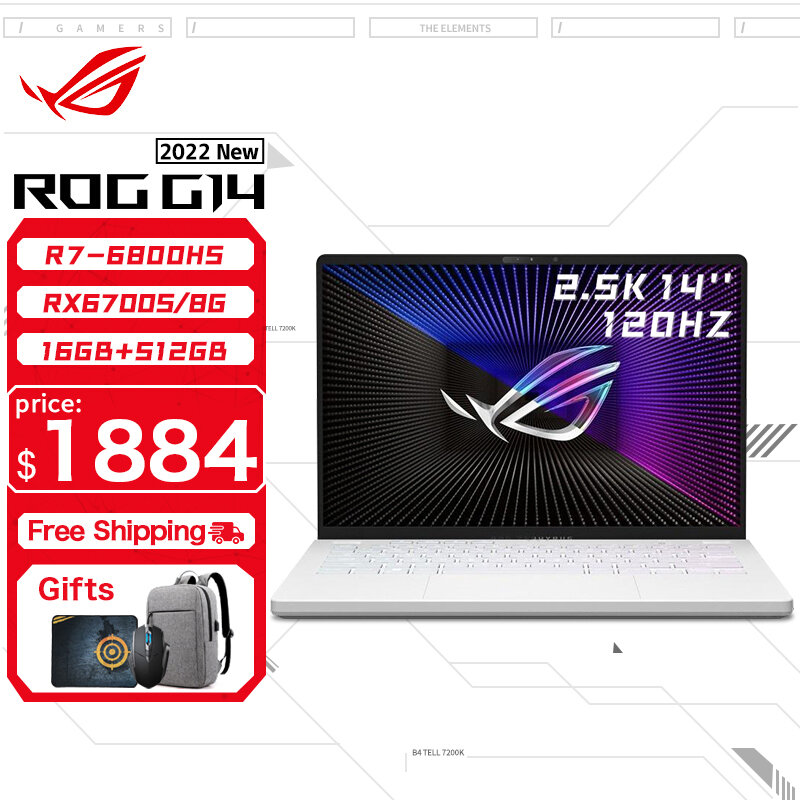 ASUS ROG Zephyrus 게이밍 노트북, AMD Ryzen 7 6800HS, 16GB 512GB SSD RX6700S-8G, 2.5KScreen, 120Hz, 14 인치 E-스포츠 컴퓨터, G14