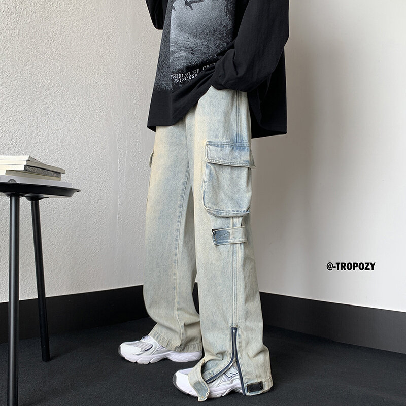 Celana Jins Hiphop Celana Kargo Desain Wanita Jeans Gaya Vibe Ukuran Besar Amerika Keseluruhan Ritsleting Kaki Lebar Pinggang Tinggi Lurus