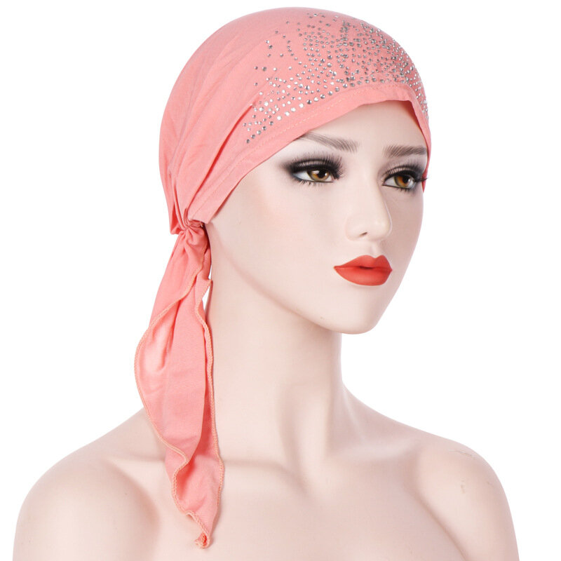 Topi Turban gaya monokrom berlian topi India topi Baotou melengkung Linen kristal tersembunyi rambut Pullover Muslim