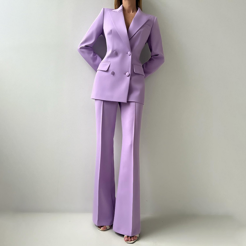 Женский офисный комплект из двух предметов, фиолетовый Повседневный Базовый комплект из двух предметов с двубортным воротником и пиковым отворотом, одежда для повседневной носки на лето