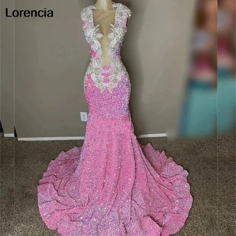 Lorencia Sparkly Pink Mermaid Prom Dress For Black Girls Sequins Lace Applique Beading Evening Party Gown Robe De Soiree YPD82