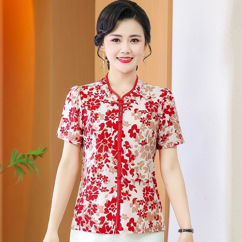Camiseta de manga corta con estampado de moda para mujer, jerséis informales con cuello Qipao Vintage, Tops para mujer