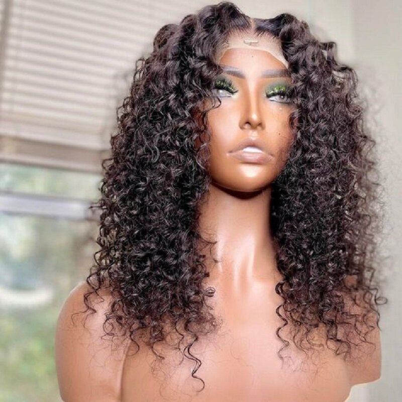 Kinky Curly Lace Front Wig, peruca pré-arrancada, cabelo de bebê sem cola, preto natural, densidade 180%, 26 polegadas, temperatura de calor, cosplay diário