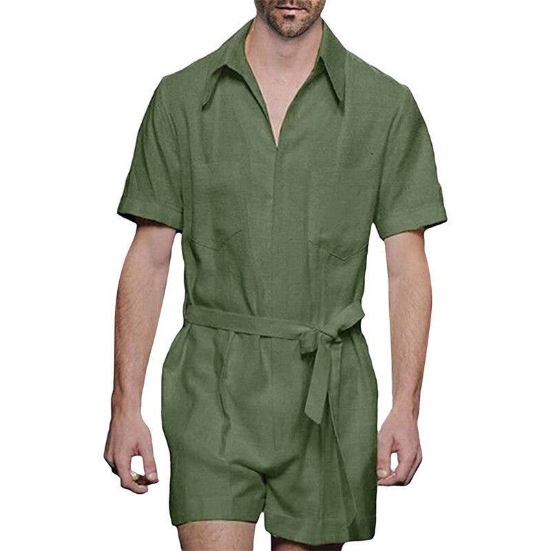 Douhoow ชุดจั๊มสูทของผู้ชายแบบมีซิปมีกระเป๋าชุดเอี๊ยมฤดูร้อนแขนสั้นมีปกเสื้อชุดนอนเลานจ์พร้อมเข็มขัด