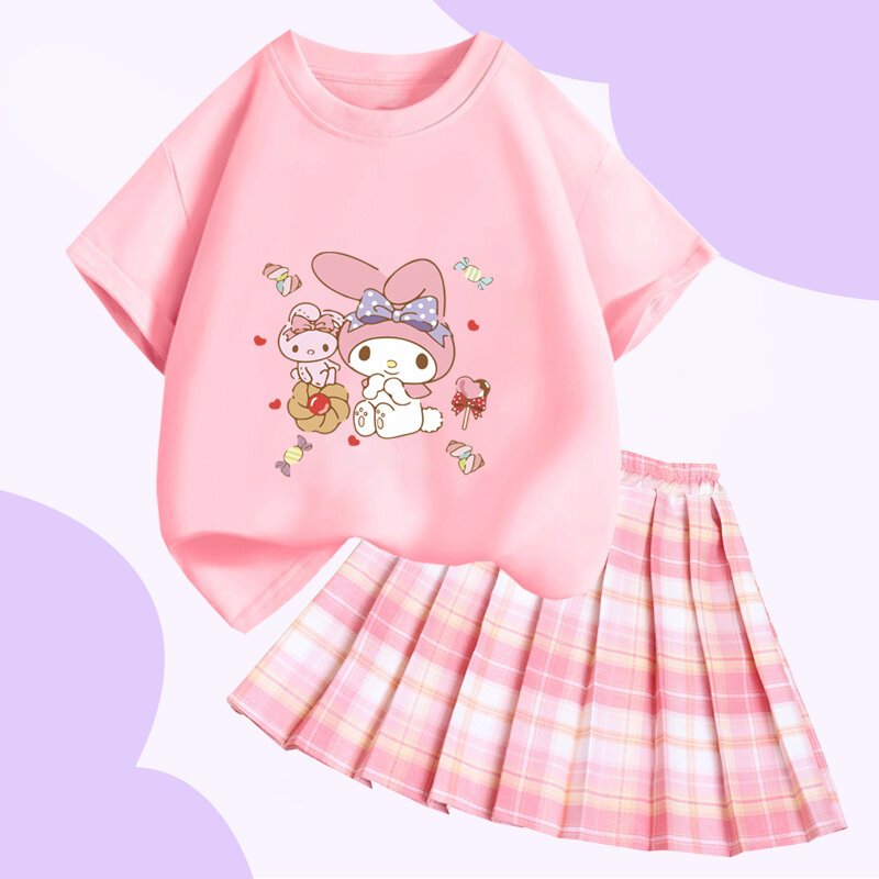 Sanrio Cinnamoroll Girls gaya kuliah T-Shirt rok pendek Set Sanrio Kuromi My Melody Musim Panas Gadis atasan rok berlipat Set hadiah