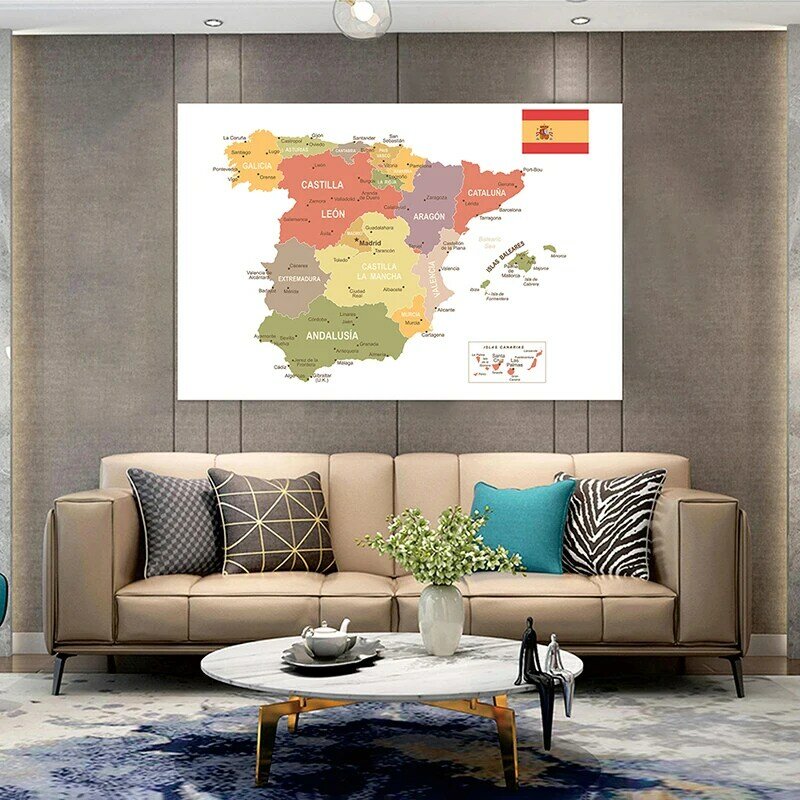 Spray pliable carte du monde espagnole 100x70cm, toile de fond artistique, décoration de la maison, fournitures scolaires en espagnol