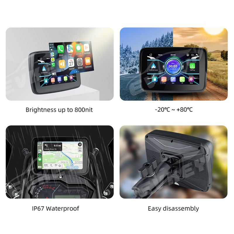 EVKEY Motorcycle Navigation Waterproof Apple Carplay Display Screen Portable Motorcycle Wireless Android Auto Monitor