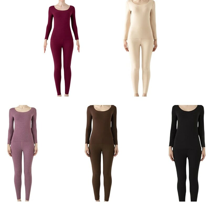 Women Long Johns Solid Color Underwear Set Thermal Baselayer Comfortable