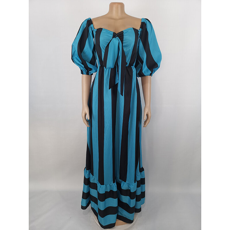 아프리카 맥시 드레스 여성용, 끈이 없는 퍼프 슬리브 프릴 스플라이스 로브, 여름 최신 스트라이프 프린트, 섹시한 해변 휴일 긴 아프리카 드레스
