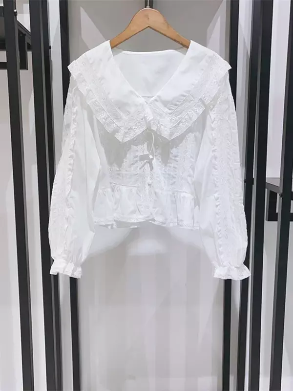 Blouse for Ladies 2024 New Cotton Lace Hollow Out Single Breasted Peter Pan Collar Casual Puff Sleeve Shirt