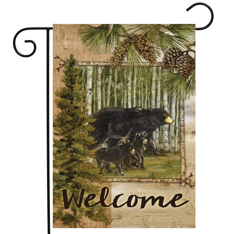 Black Bear Family Nature Garden Flag Wildlife Forest Floral Double Sided Courtyard Flags for Outdoor Terrace Lawn Decorations