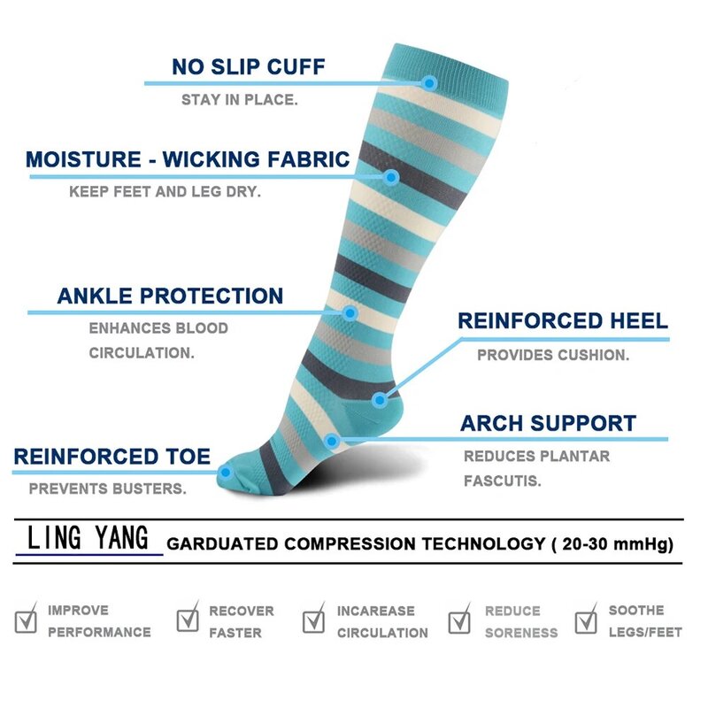 Meias de compressão de nylon unisex, 20-30 mmHg, meias de compressão de joelho, corrida, basquete, varicosa, maratona, homens, mulheres