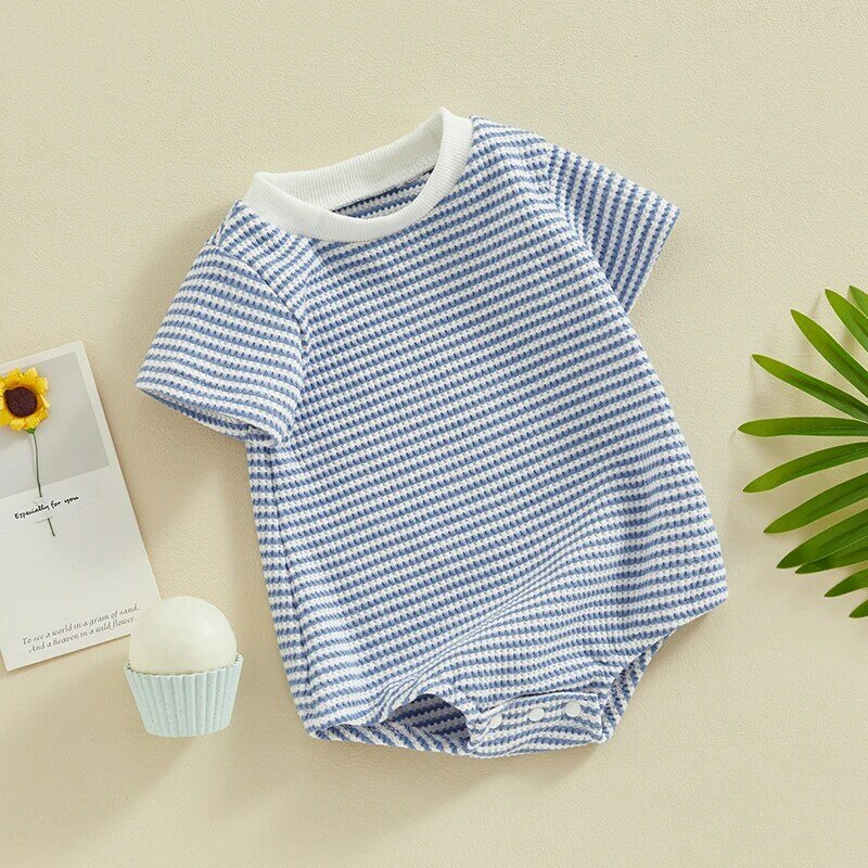 2024-01-03 lioraitiin 0-18M Infant Baby Boys Girls Summer Romper Round Neck Short Sleeve Striped Waffle Jumpsuit Toddler Clothes
