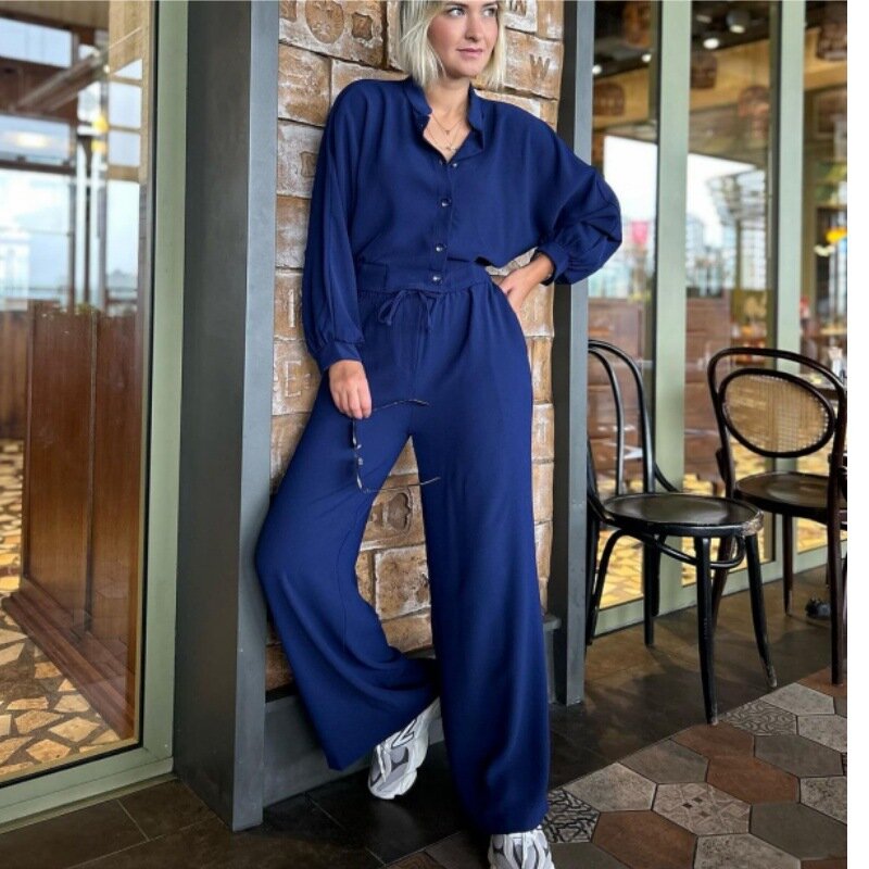Spring Two Piece Sets Womens Outifits Solid Baggy Tops and Lace-Up Wide Leg Pants Set Long Sleeve Shirt Woman Clothes Outfits
