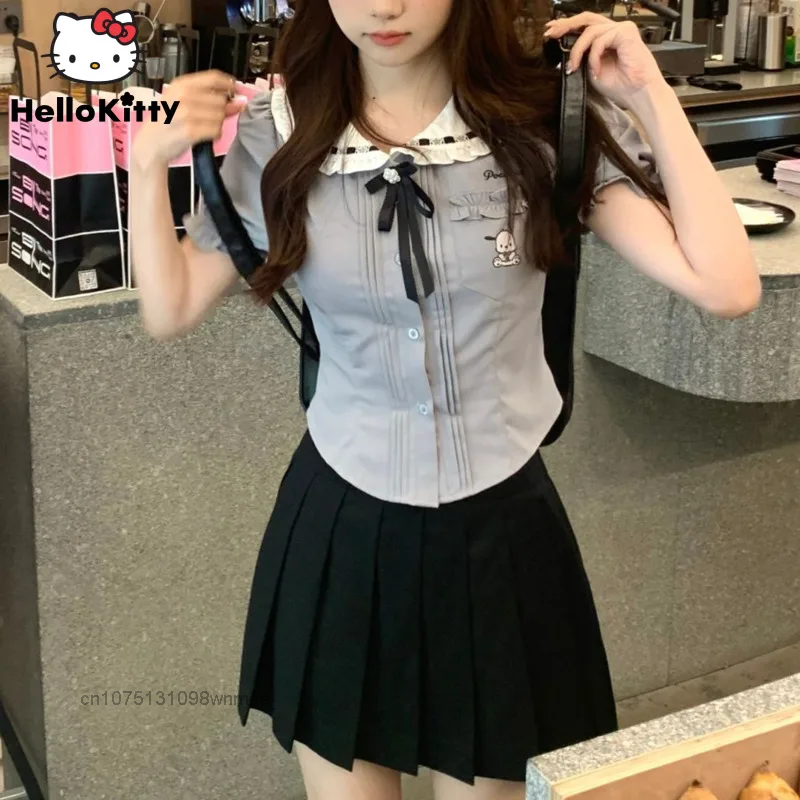 Sanrio Pochacco Sweet College Style Skirt Set For Women Y2k Summer Splicing Slim Short Polo Shirt Pleated Skirt Two-piece Set