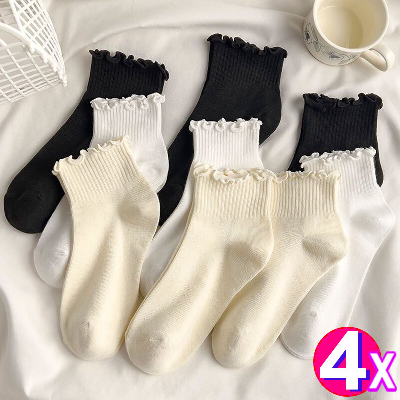 Cotton Ruffles Ankle Socks Women INS Summer Cute Kawaii Korean Sock Girl Spring Black White Middle Tube Japanese Sox