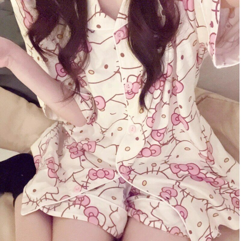 Sanrio Hello Kitty Sweet Cute Women Short Pajamas Set Y2k Loose Oversize Pink Pijamas New Korean Cartoon Student Homewear Set
