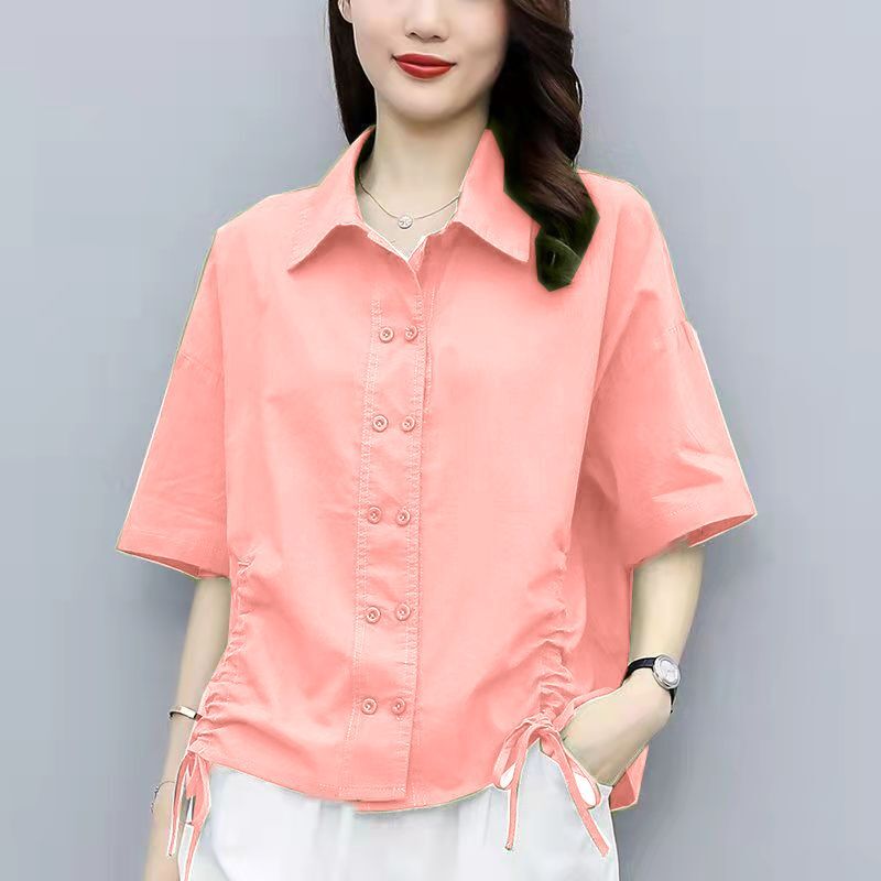 Street casualowa bluzka ze sznurkiem lato nowa krótka guzik na rękawie solidna koszulka Polo koszula biurowa odzież damska w stylu Vintage