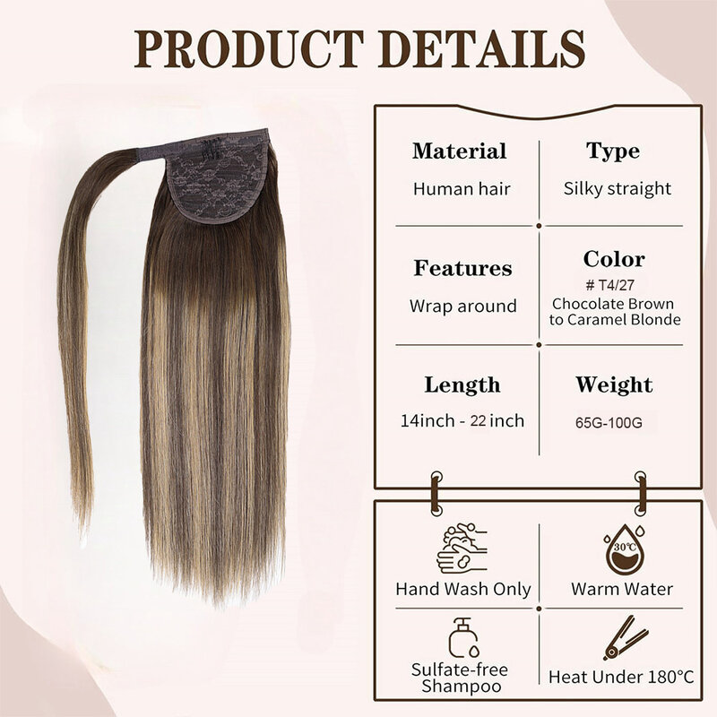 Ponytail Human Hair Extensions Wrap Around Natural Real Hair Ponytail Hair Extension Straight 14-22 Inch T4/27#