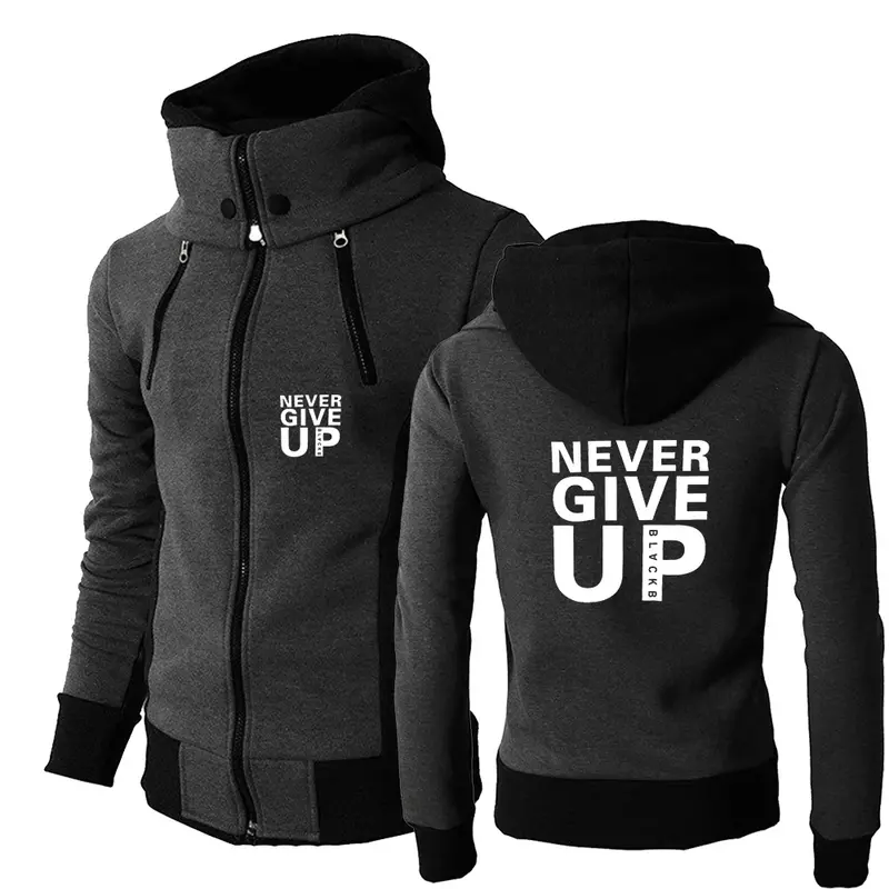 Never Give Up New Print Men Spring Autumn Three-Color Double Oblique Zipper Hoodie High-Quality Causal Comfortable Sports Tops