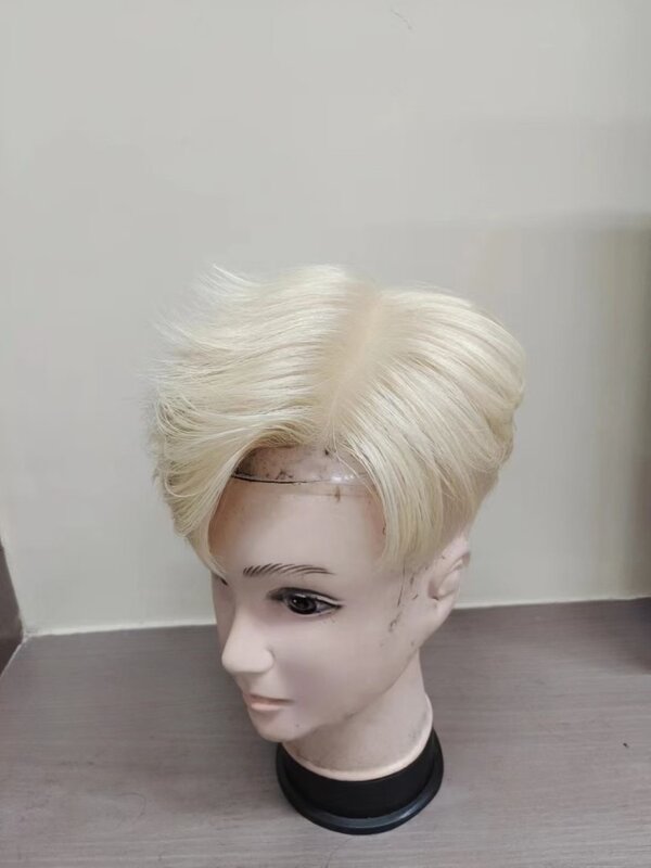 #613 Ash Blonde European Human Hair PU Topper Single Knots Silicone Base Men Toupee Injection Scalp Top Custom Made Any Size