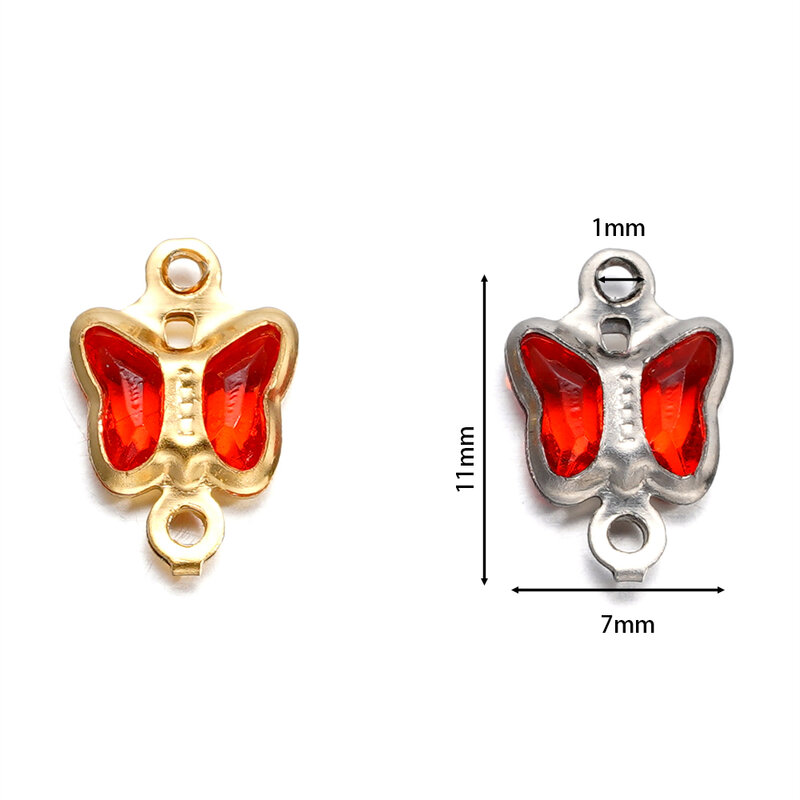 10 buah 7mm baja tahan karat lubang ganda kupu-kupu dengan gelang berlian buatan liontin kalung konektor untuk DIY pembuatan perhiasan