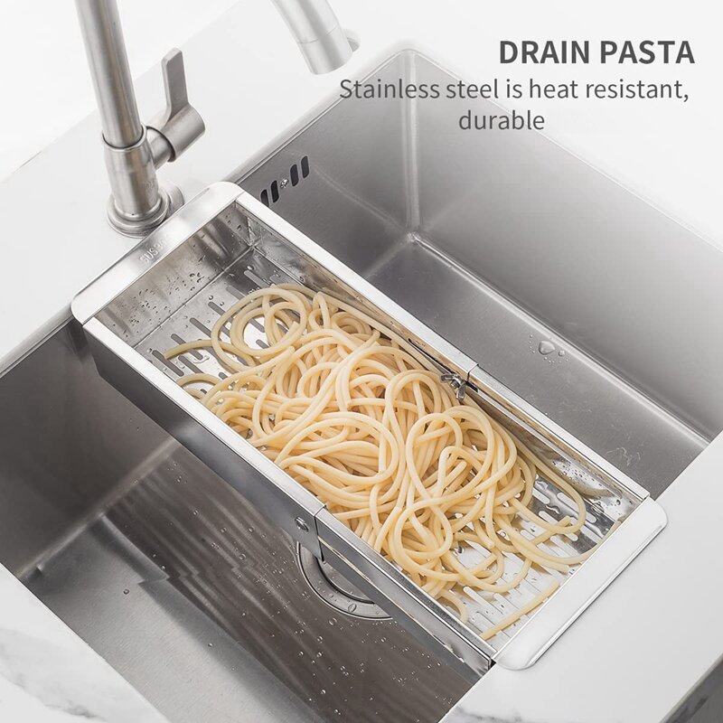 Over The Sink Colander Strainer Basket Stainless Steel- Wash Vegetables And Fruits, Drain Cooked Pasta - Extendable