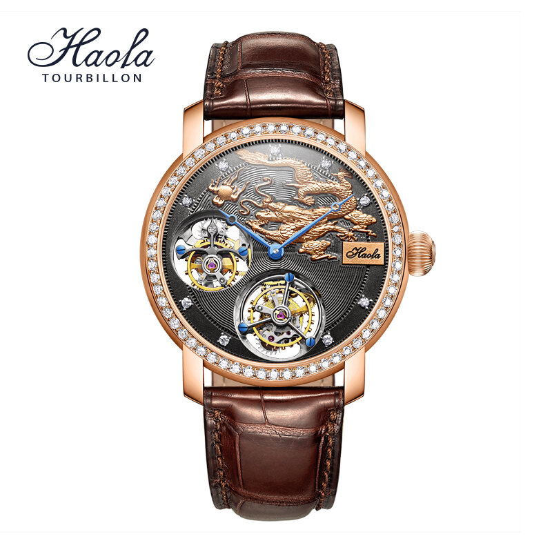 Haofa luxo 18k ouro duplo tourbillon movimento esqueleto relógio masculino manual mecânico diamante rosa relógio para homem safira k002
