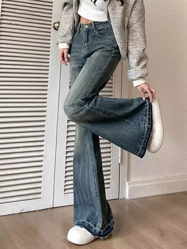 Jins Vintage wanita, celana jins dasar wanita kantor trendi gaya Amerika kasual ramping modis musim dingin