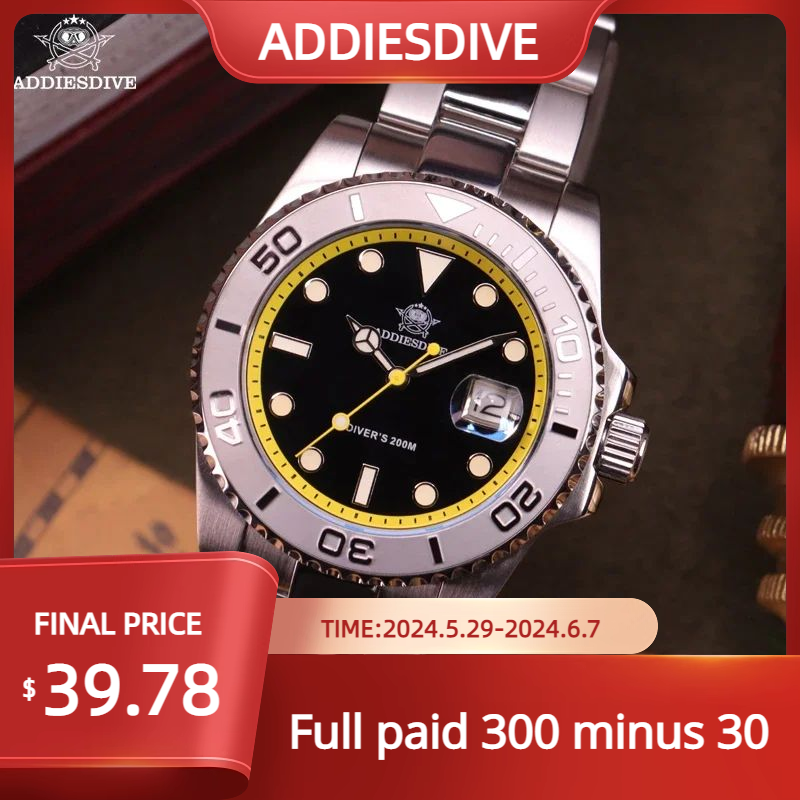 Кварцевые часы ADDIESDIVE для дайвинга AD2040 из нержавеющей стали 200 м водонепроницаемые наручные часы с календарем модные супер светящиеся часы