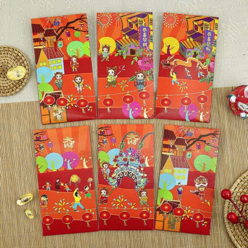 Suministros de papelería para decoración de Año Nuevo, sobre rojo de dragón chino, bolsa de dinero de la suerte, invitación de fiesta Hongbao, 6 unidades por juego