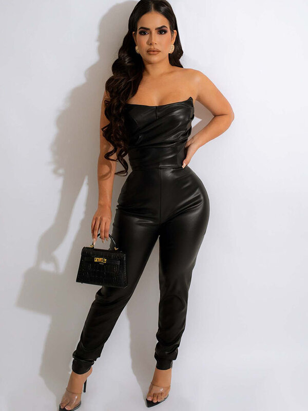 PU Faux Leather Jumpsuit for Women Party Nightclub One Piece Romper Sleeveless Backless Strapless Bodycon Overalls Elegant Mono