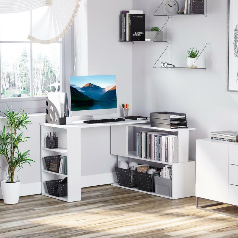 HOMCOM L Shaped Corner Desk, 360 Degree Rotating Home Office Desk with Storage Shelves, Writing Table Workstation