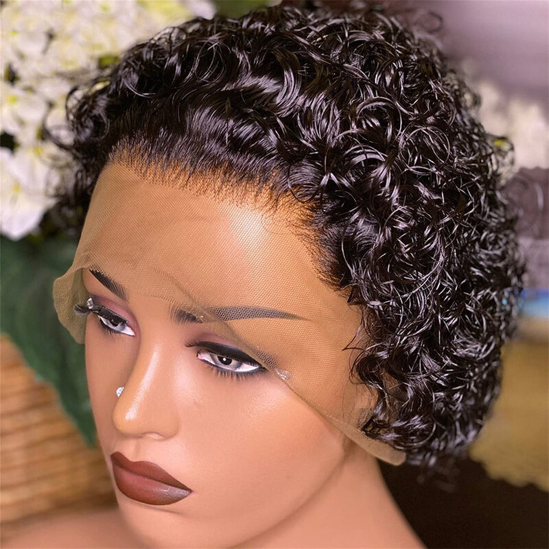 Krótkie peruka z lokami ludzkie włosy fryzura Pixie peruki dla kobiet blond czarny kolor 13x1 przezroczysta koronka frontalna peruka ludzkie włosy fala wodna
