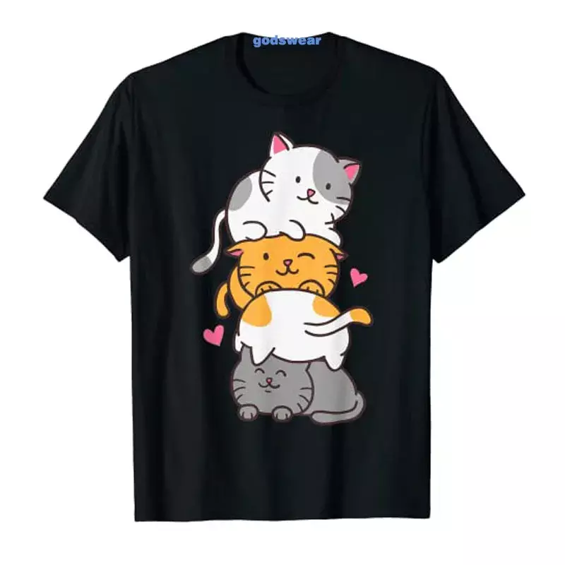 Kattenkatten Schattige Kitty Stapel Anime Kawaii Neko Cadeau T-Shirt Esthetische Kleding Cartoon Graphic Tee Casual Top Kawaii Dameskleding