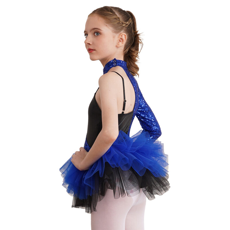 Girls Ballet Dress Kids Gymnastics Workout Dancewear Shiny Sequin Contrast Tulle Skirt Leotard Dress Dance Costume for Ballerina