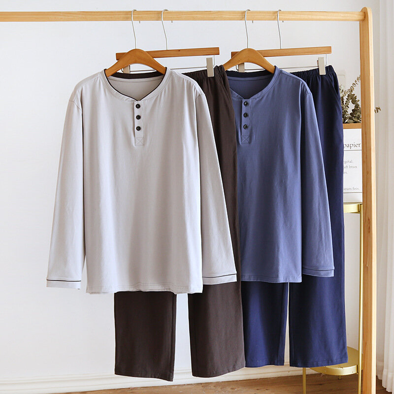 Pulôver minimalista de algodão puro masculino, pijama estilo AB, calça de manga comprida, cor sólida, o pescoço, roupa de casa, primavera, outono