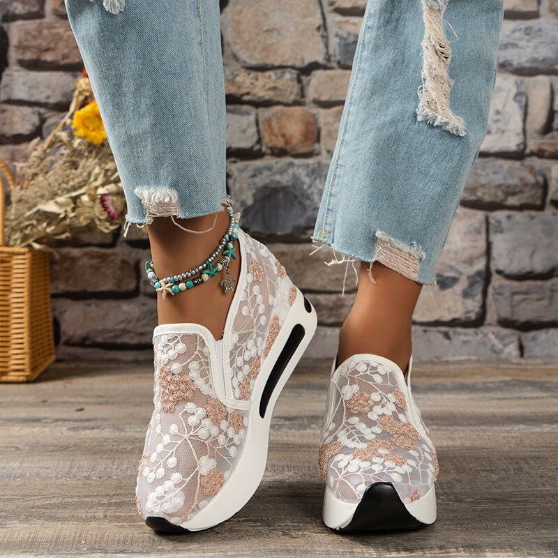 여성용 통기성 메쉬 플랫폼 스니커즈, 여성용 패션 자수 신발, 편안한 슬립온 캐주얼 스니커즈, 2024 신상